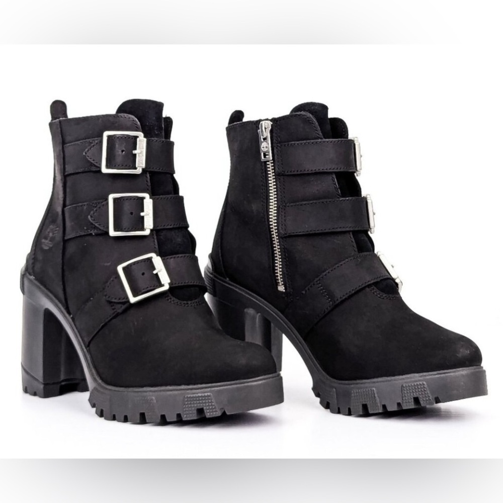 Timberland Women Lana Point Black Leather Buckle Moto Ankle Heel Boots sz 8 NWOT